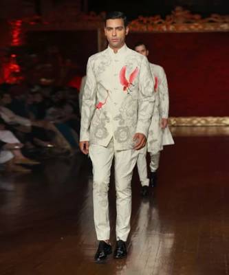 Ivory matka silk digital print floral bandhgala 2