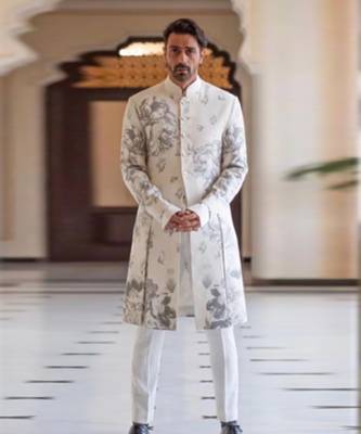 Ivory matka silk digital prints floral sherwani 1