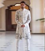 Ivory matka silk digital prints floral sherwani