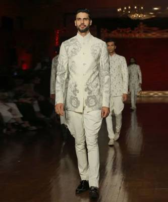 Ivory matka silk digital prints floral sherwani 2