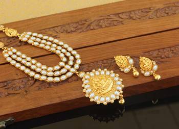 Designer gold plated pearl temple necklace set 1