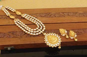 Designer gold plated pearl temple necklace set 2