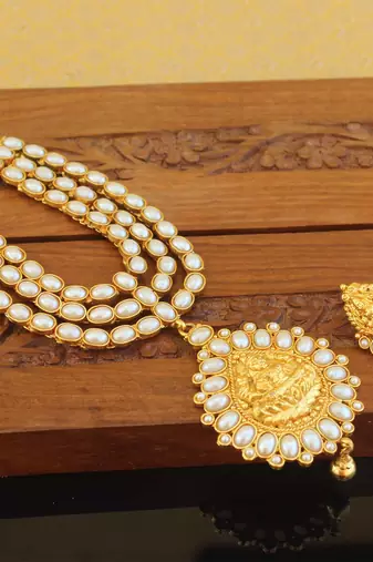 Designer gold plated pearl temple necklace set