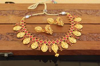 Designer gold plated kempu temple necklace set 1