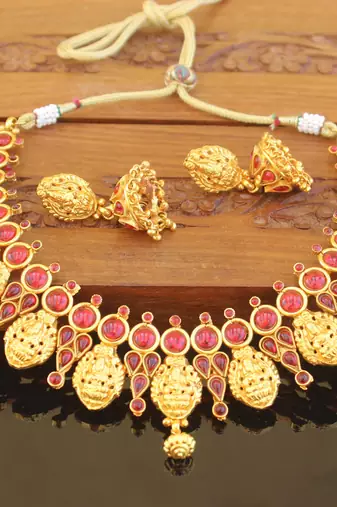 Designer gold plated kempu temple necklace set