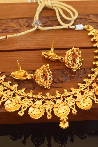 Designer gold plated kempu temple necklace set