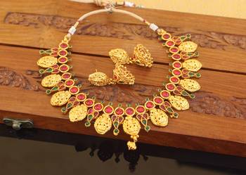 Designer gold plated kempu temple necklace set 1