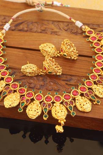 Designer gold plated kempu temple necklace set