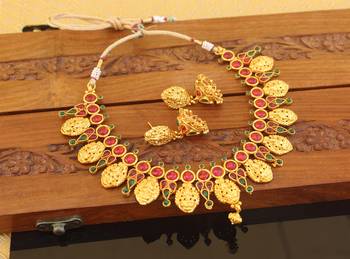 Designer gold plated kempu temple necklace set 2