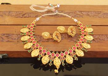 Designer gold plated kempu temple necklace set 4