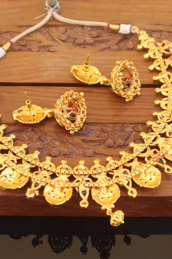 Designer gold plated kempu temple necklace set