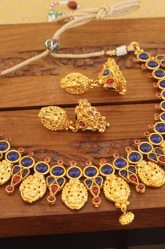 Designer gold plated kempu temple necklace set