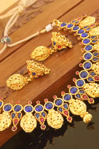 Designer gold plated kempu temple necklace set