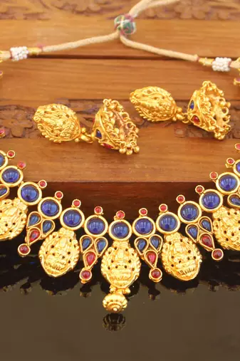 Designer gold plated kempu temple necklace set