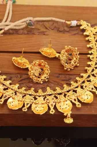 Designer gold plated kempu temple necklace set