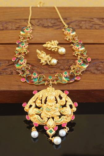 Designer gold plated temple necklace set
