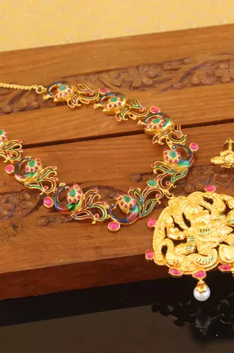 Designer gold plated temple necklace set