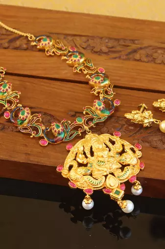 Designer gold plated temple necklace set