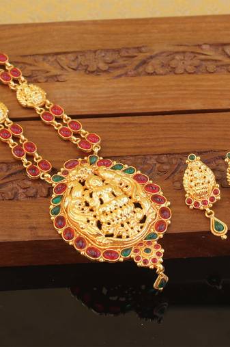 Designer gold plated temple necklace set