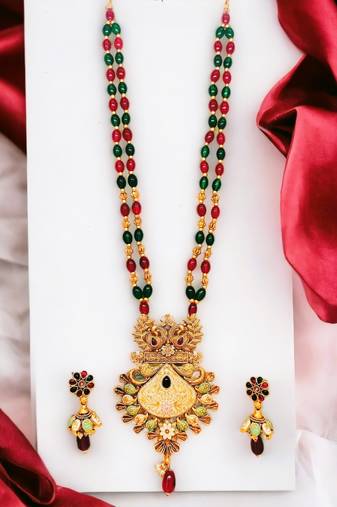 Meenakari marvel gold plated beaded long necklace set