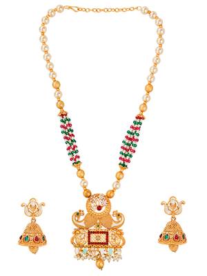 Rajwadi gold plated peacock pearl long necklace set 1