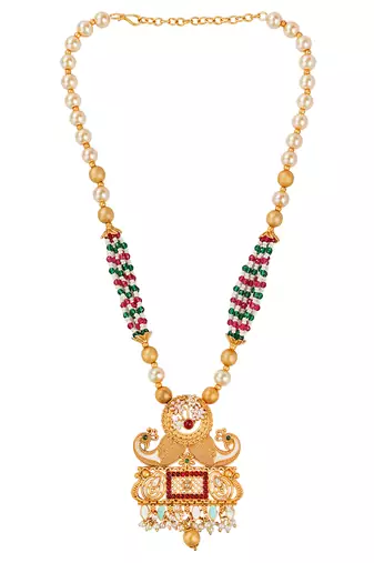 Rajwadi gold plated peacock pearl long necklace set