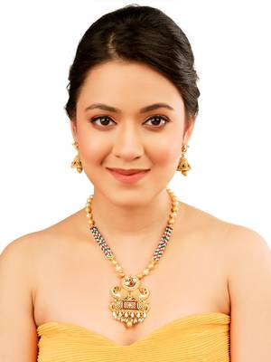 Rajwadi gold plated peacock pearl long necklace set 4