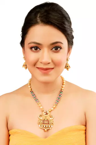 Rajwadi gold plated peacock pearl long necklace set