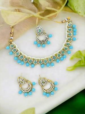 Gold plated sky blue beads choker neckalce set 1