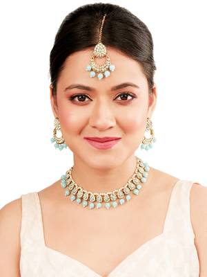 Gold plated sky blue beads choker neckalce set 5