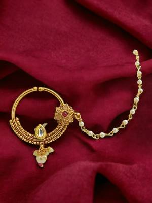 Gold plated kundan bridal nose ring clip on non piercing nath 1