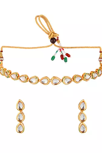 Gold plated tear drop kundan necklace set