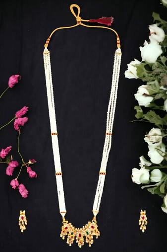 Pearl cz stone long necklace set