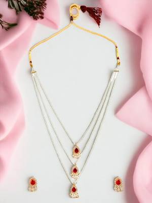 Pearl layered cz stone long necklace set 1