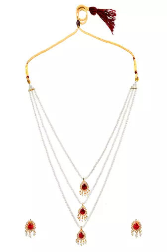 Pearl layered cz stone long necklace set