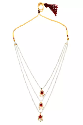 Pearl layered cz stone long necklace set