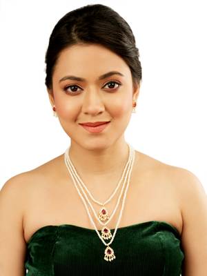 Pearl layered cz stone long necklace set 5