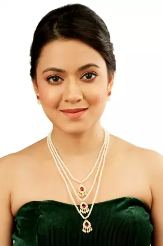Pearl layered cz stone long necklace set