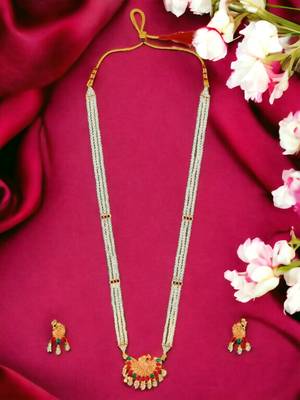 Pearl peacock cz stone long necklace set 1