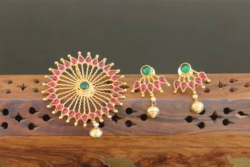 Designer gold plated kempu pendant set 1
