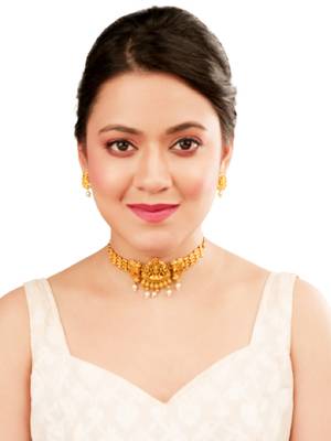 Temple traditional gold plated choker necklace set 6