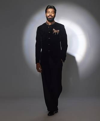 Black silk velvet machine embroidered bandhgala 1