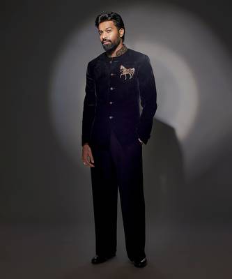 Black silk velvet machine embroidered bandhgala 4