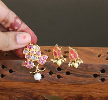 Designer gold plated real kempu pendant set 2
