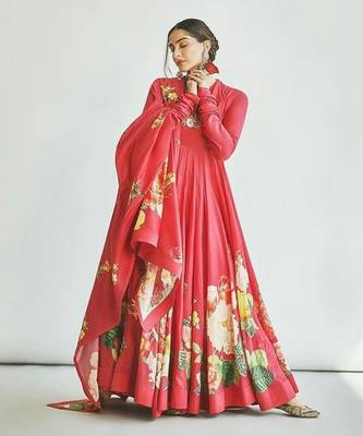 Red silk chanderi cotton anarkali set 1