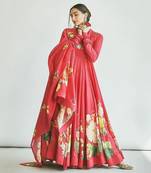 Red silk chanderi cotton anarkali set