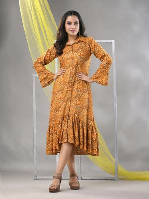 Mustard rayon printed a-line ethnic dress 1