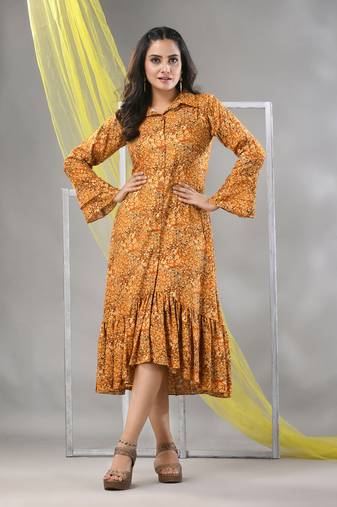 Mustard rayon printed a-line ethnic dress