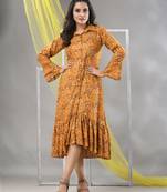 Mustard rayon printed a-line ethnic dress
