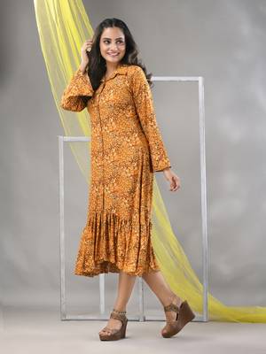 Mustard rayon printed a-line ethnic dress 2